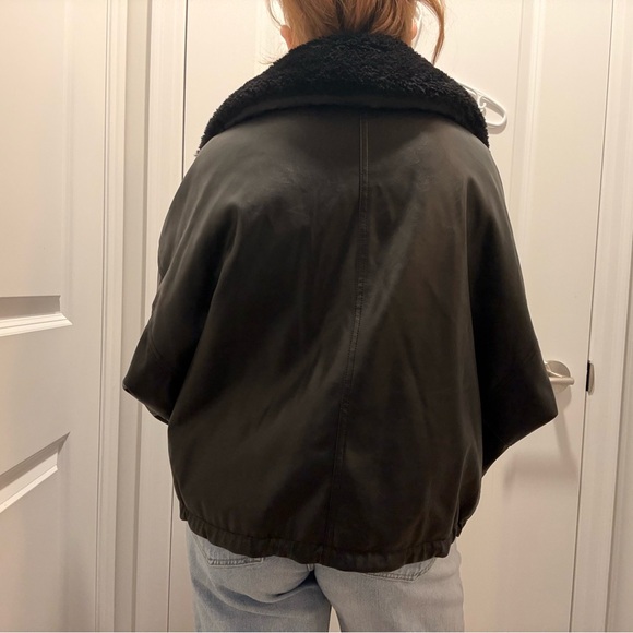 Black Faux Leather Bomber Jacket with removable sherpa collar - Picture 3 of 9